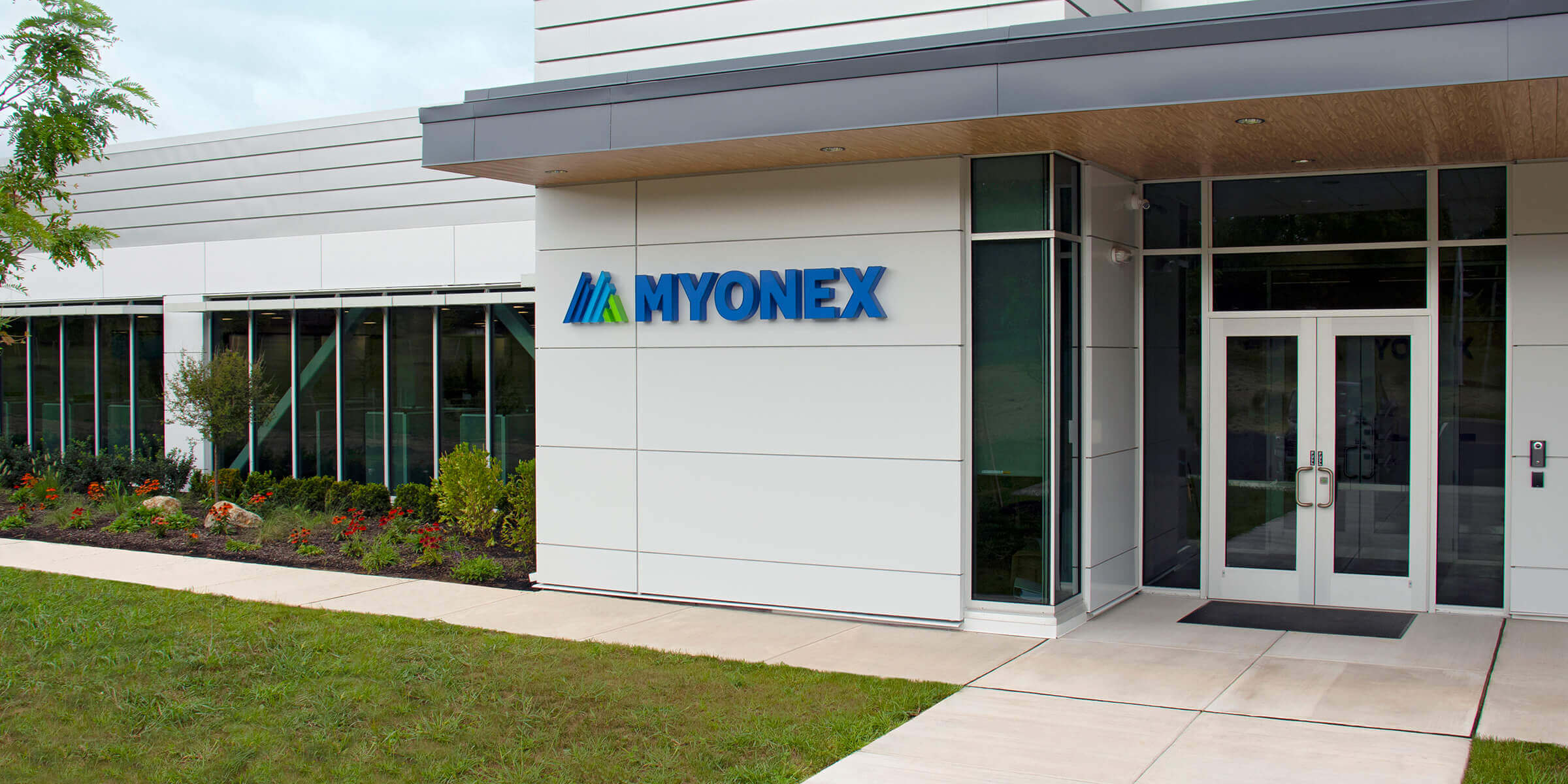 Branded signage for Myonex clinical trial supply company – life science branding