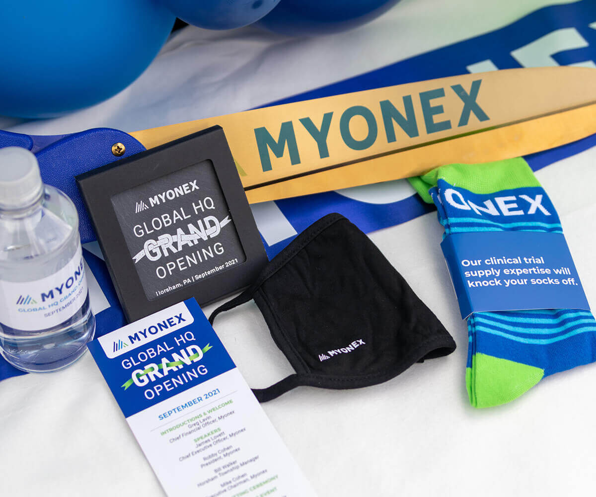 Branded corporate swag for Myonex life sciences company grand opening